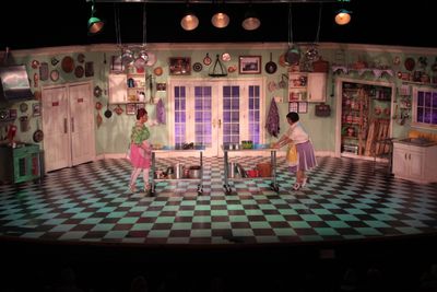 Retro kitchen scene from The Calamari Sisters' Big, Fat, Italian Wedding